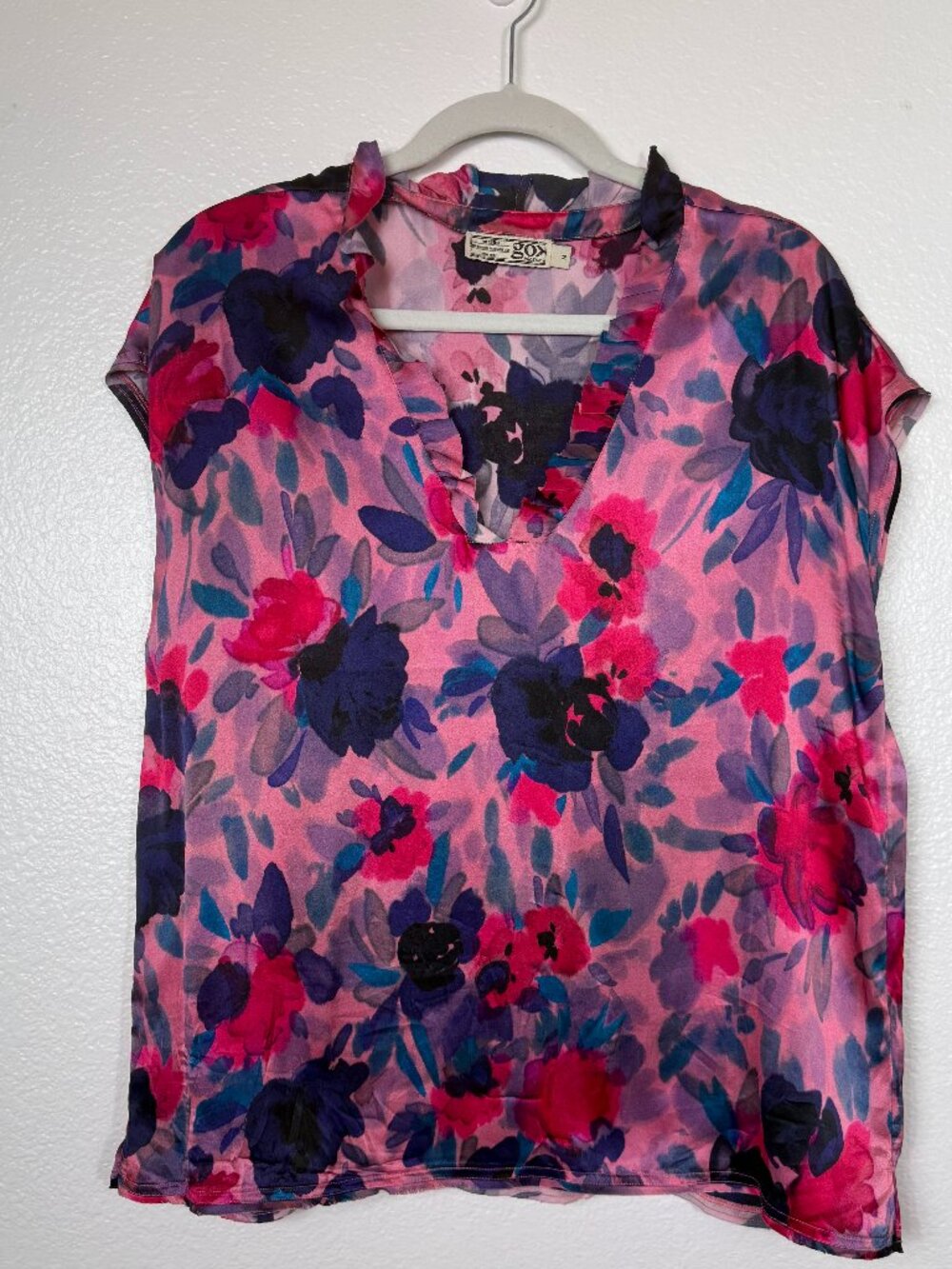 Go Silk Floral Ruffle Top Sz M Purple Pink Floral Boxy Flowy Office Casual Chic